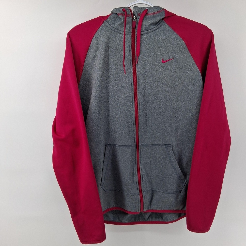 Nike Therma-Fit Hoodie Mens Large Gray Red Full Zip Fleece Jacket Training